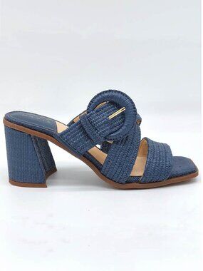 Alex Marie Blue Raffia Block Heel Slide Sandals Sz 6 Open Toe Dress Mule Buckle